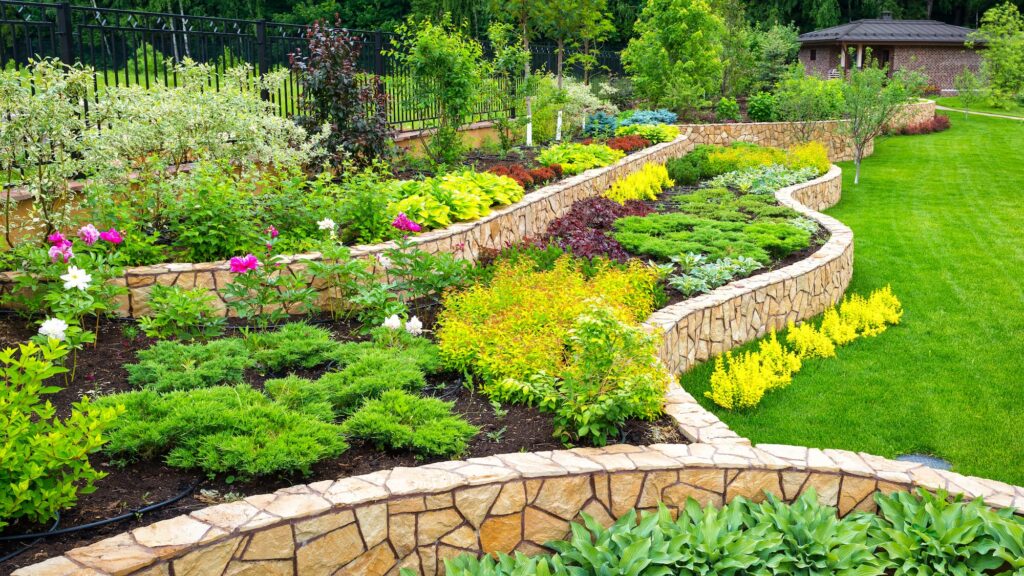 a beautiful large garden bed with various flowers and green foliage